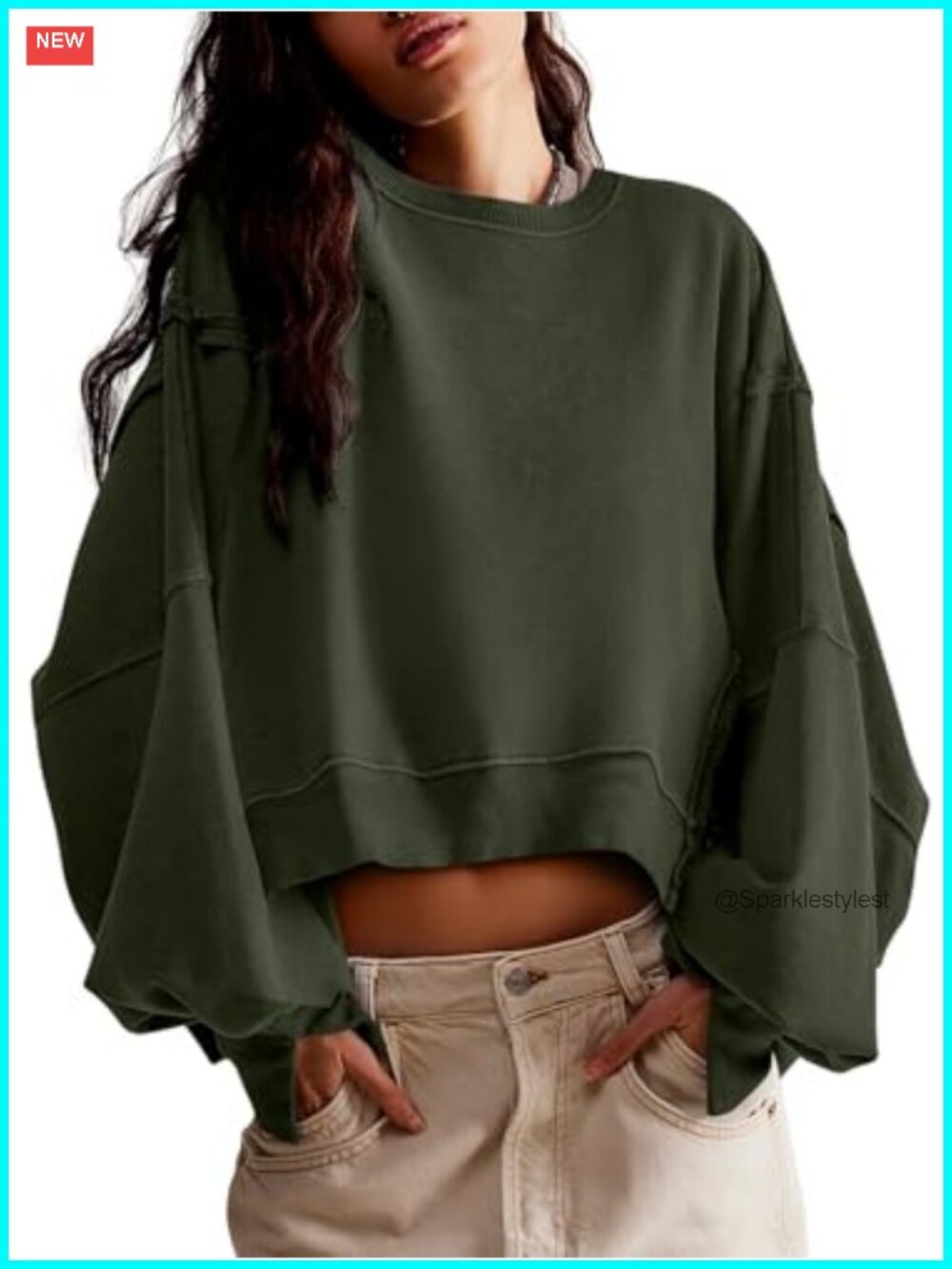 Women's Loose Fit Crop Sweatshirt Crew Neck Pullover Long Sleeve Top